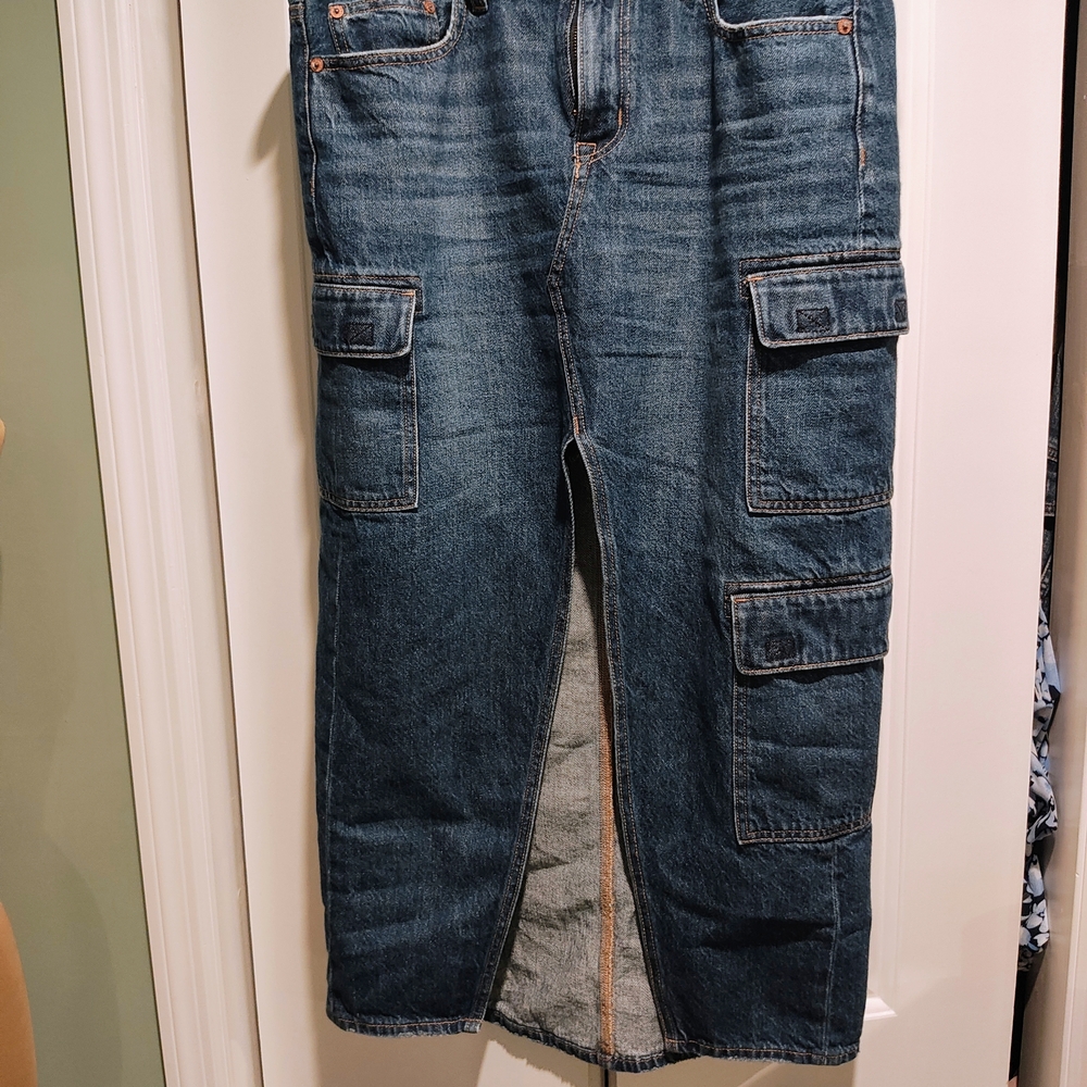 American Eagle Outfitters Dark Blue Denim High-Low Cargo Skirt